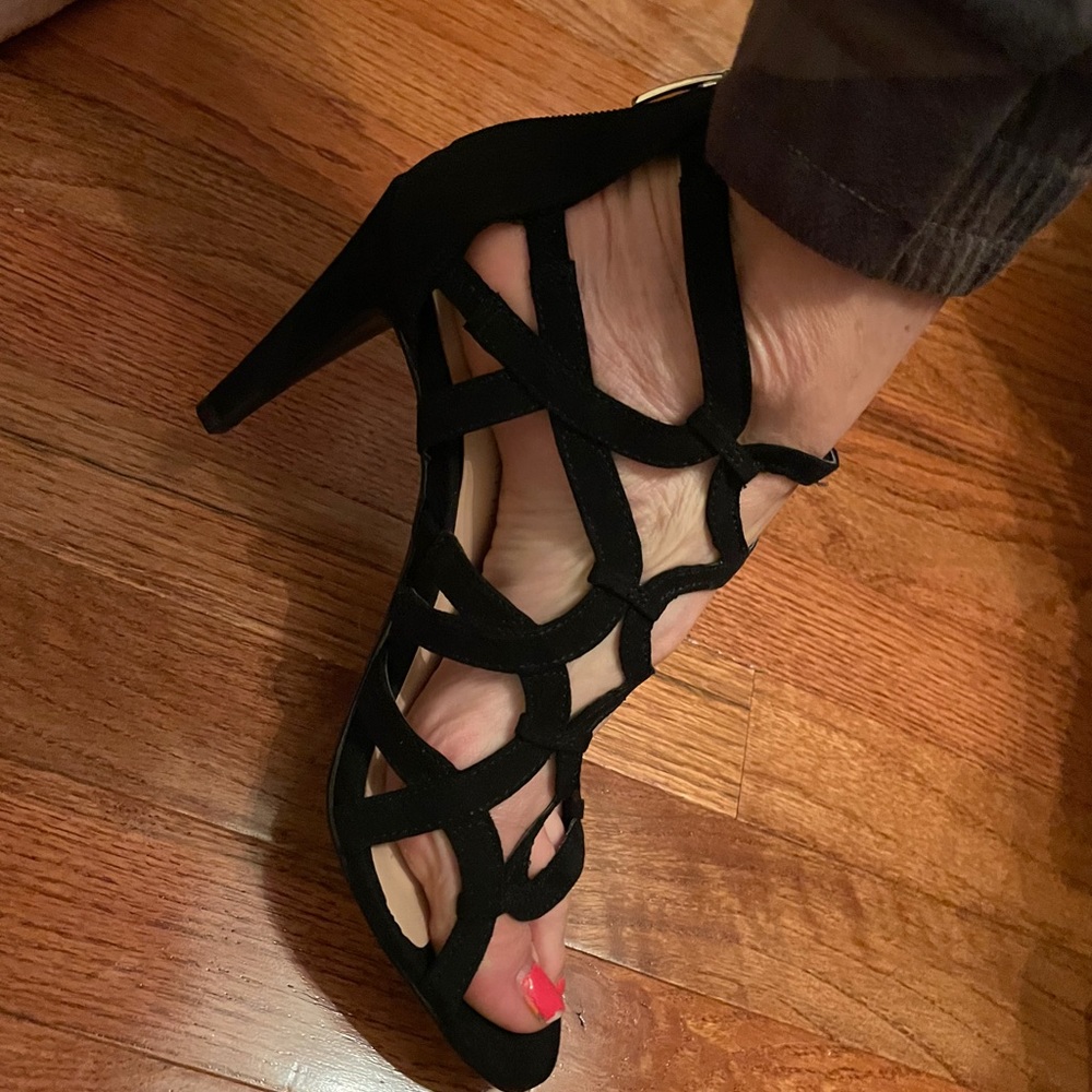 Black open toe suede heels -Kelly & Katie